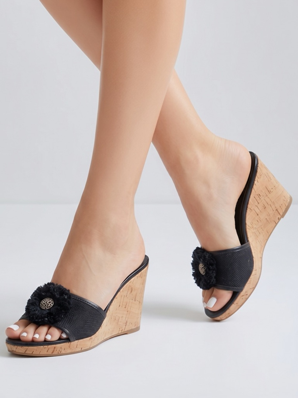 COACH Jazmin Black Leather 
Canves Cork Platform Wedge Sandals